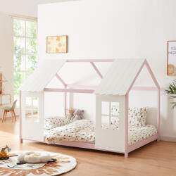 [en. casa] Pat Copii tip Casuta Montessori Semi Deschis cu Protectie Impotriva Caderilor, Dimensiuni 200x120cm, Lemn de Brad, Roz/Alb (86098826)