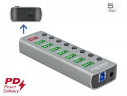 Delock USB 3.2 Gen 1 hub 7 porttal valamint 1 gyorstöltő porttal és 1 USB-C PD 3.0 porttal kapcsoló (DL-63264)