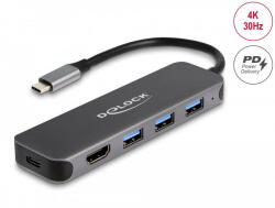 Delock 3 portos USB Hub és 4K HDMI kimenet USB Type-C csatlakozóval és PD 85 Watt (DL-64171)