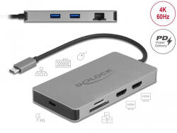 Delock USB Type-C dokkolóállomás 4K - hoz kettős HDMI MST / USB 3.2 / SD / LAN / PD 3.0 (DL-87004)