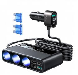 JOYROOM JR-CL06 autós szivargyújtós töltő, 154W, 3A, 1 x USB-C, 4 x hosszabbító, 4 x USB-A, fekete (JYR058BLK)