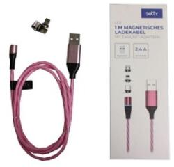 Setty USB kábel, Mágneses USB Type-C, Micro-USB és Lightning mágneses adapterek a készletben, (1 méter 2, 4A Ledes), rózsaszín
