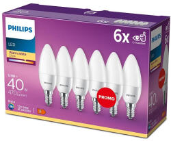 Philips 6 db LED-es gyertyakörte készlet E14 B35 4, 9W = 40W 470lm 2700K meleg matt PHILIPS (8718696509487)