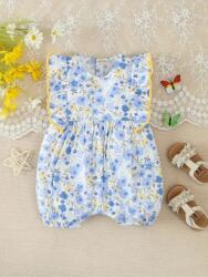 SuperBaby Salopeta alba cu floricele bleu si galbene