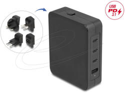 Delock USB GaN töltő 3 x USB Type-C PD 3.1 és 1 x USB Type-A 145 W teljesítménnyel, tápadapterrel az EU/USA/UK számára (DL-41473)