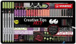 STABILO Tűfilc készlet, fém doboz, STABILO "Creative Tips ARTY", 6 különböző pasztell szín, 5 különböző vastagság (89/30-6-2-20) - alter