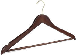  44cm Diófa Színű Barna Fa Vállfa Nadrágtartós, Arany Kampóval