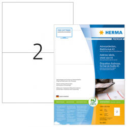 Herma No. 8691 fehér színű 105 x 148 mm méretű, univerzálisan nyomtatható, öntapadós etikett címke, permanens ragasztóval A5-ös íven - kiszerelés: 800 címke / 400 ív