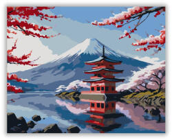  Fuji Hegy és Pagoda Cseresznyevirággal - számfestő készlet