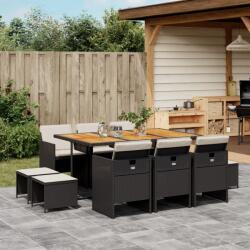 vidaXL 11 részes fekete polyrattan kerti étkezőgarnitúra párnákkal (3210615)