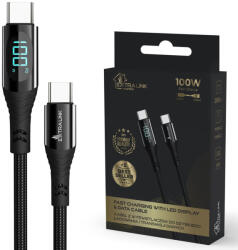 Extralink Smart Life USB Type-C-től Type-C-ig fonott kábel, fekete, LED kijelzővel, USB-C kábel, 100W, 200 cm (1e1c1be0-ba24-4612-b353-92f80024f943)