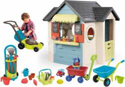 Smoby Set căsuță cu restaurant de grădină și magazin House Life Smoby extensibilă și mașină de tuns iarba cu roabă și cărucior cu găleată și unelte de grădină (SM810407-11) Casuta pentru copii