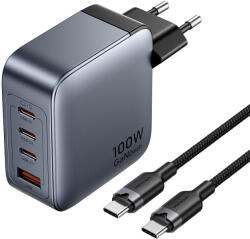 Vention 2x USB-C, 2x USB-A, (100W/100W/30W/30W) hálózati töltő (szürke) USB-C-USB-C kábellel (1m) (fekete)