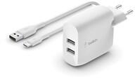 Belkin Dual USB-A CHARGER CAR W/USB-C CABLE 1M 24W WHITE (WCE001VF1MWH)