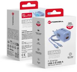 Forcell F-ENERGY Crystal Színű GaN III VT-41 utazó töltő szilikon kábellel 1 x Type C + 1x USB A csatlakozóval, PD QC4.0 33W kék