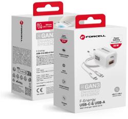 Forcell F-ENERGY Kristály Színű GaN III VT-41 utazó töltő szilikon kábellel 1 x Type C + 1x USB A aljzattal, PD QC4.0 33W fehér