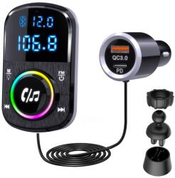 GizmoVine Adaptor Bluetooth GizmoVine pentru masina, transmitator FM, suport pentru incarcator rapid hands-free/QC3.0 si PD/lumina ambientala/baza autoadeziva si clema cu cablu 1.1 - Player muzical pentru cardu