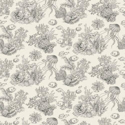 Egzotikus halaktól hemzsegő korallzátony toile de Jouy textil alapon törtfehér és antracit/szénfekete tónus tapéta (201479559)