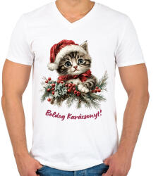 printfashion Karácsonyi cica sapiban - Férfi V-nyakú póló - Fehér (17152488)