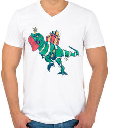 printfashion Karácsonyi T-Rex - Férfi V-nyakú póló - Fehér (16998573)