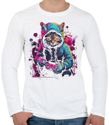 printfashion Gamer macska - Férfi hosszú ujjú póló - Fehér (17179529)