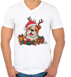 printfashion Karácsonyi bulldog - Férfi V-nyakú póló - Fehér (16981023)