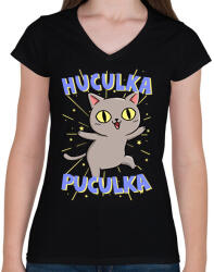 printfashion Huculka Puculka macska - Női V-nyakú póló - Fekete (17362165)