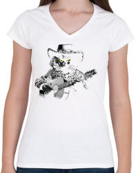 printfashion Western gitáros macska - Női V-nyakú póló - Fehér (17085209)