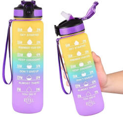  Színátmenetes motivációs kulacs idézetekkel és időskálával (1000 ml) - Sárga/Kék/Lila (ON12-yellow-green-purple)