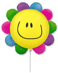  Fólia lufi, mini forma, szivárványos mosolygó virág, 35 cm