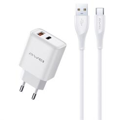 Awei PD81T-EU hálózati töltő USB+Type-C aljzat (22.5W, GaN, PD gyorstöltő + Type-C kábel) FEHÉR (PD81T-EU) - pcx