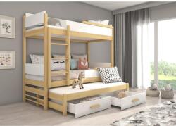 ADRK Háromszemélyes emeletes ágy Queen méretben 200x90, Természetes fenyő, Fehér
