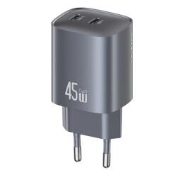USAMS hálózati töltő 2 Type-C aljzat (45W, GaN, PD gyorstöltő 3.0) SÖTÉTSZÜRKE (CC305TC01)