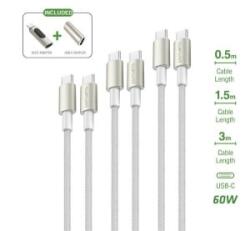 4smarts PremiumCord USB-C töltő- és adatkábel szett adapterrel, átalakítóval, 60W, 0.5+1.5+3M, fehér / ezüst (4S540656) - aqua