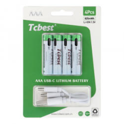 Tcbest újratölthető R3 (AAA) elem 220 mAh, USB-C csatlakozóval és töltőkábellel (4db) (6954457881832) (6954457881832)