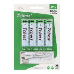 Tcbest újratölthető R6 (AA) elem 650 mAh, USB-C csatlakozóval és töltőkábellel (4db) (6954457881870) (6954457881870)