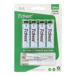 Tcbest újratölthető R6 (AA) elem 750 mAh, USB-C csatlakozóval és töltőkábellel (4db) (6954457881771) (6954457881771)