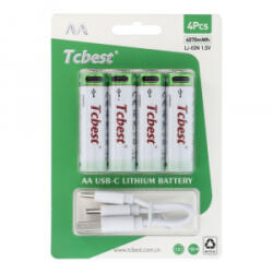 Tcbest újratölthető R6 (AA) elem 1100 mAh, USB-C csatlakozóval és töltőkábellel (4db) (6954457881818) (6954457881818)