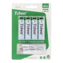 Tcbest újratölthető R6 (AA) elem 950 mAh, USB-C csatlakozóval és töltőkábellel (4db) (6954457881795) (6954457881795)