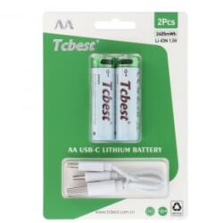 Tcbest újratölthető R6 (AA) elem 650 mAh, USB-C csatlakozóval és töltőkábellel (2db) (6954457881863) (6954457881863)