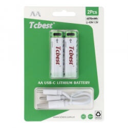 Tcbest újratölthető R6 (AA) elem 1100 mAh, USB-C csatlakozóval és töltőkábellel (2db) (6954457881825) (6954457881825)