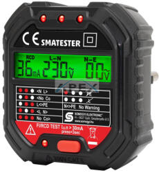 Somogyi Elektronic SMATESTER konnektor teszter, LED visszajelzők, Voltmérő, L-N, N-E, RCD mA, Fi és RCD relé ellenőrző, elem nélkül működik, max. 250 V~ aljzatokhoz