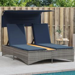 vidaXL szürke polyrattan kétszemélyes napozóágy napellenzővel és párnákkal (365624)