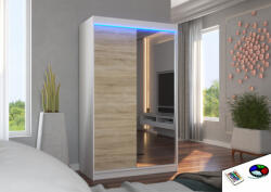ADRK Tükörrel és LED világítással ellátott tolóajtós szekrény REWENA 120, Fehér, Sonoma - smartbutor