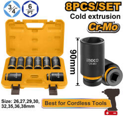 INGCO Gépi hosszú dugókulcs készlet 8 részes 3/4" 26-38 mm CrMo (HKISSD34082L)