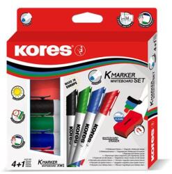 Kores Tábla- és flipchart marker készlet mágneses táblatörlő szivaccsal, 3 mm, kúpos KORES "XW1", 4 különböző szín (IK20863) - fiorex