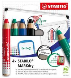 STABILO Táblaceruza készlet, fehértáblához, flipchartpapírhoz kúpos, STABILO "MARKdry", 4 féle szín törlővel és hegyezővel (TS64845) - fiorex