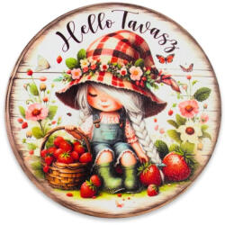Nyomtatott fa tábla - Hello tavasz kislány koszorú közép 11, 8cm - papelito