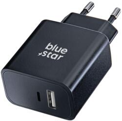 Blue Star TFB-TC-25W hálózati töltő 1xUSB-A és 1xUSB-C csatlakozással 25W 3A QC4.0 PD - fekete