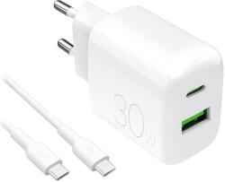 PURO ProLite hálózati töltő 1xUSB-A és 1xUSB-C csatlakozással + Type-C - Type-C kábellel 1.2m 30W - fehér